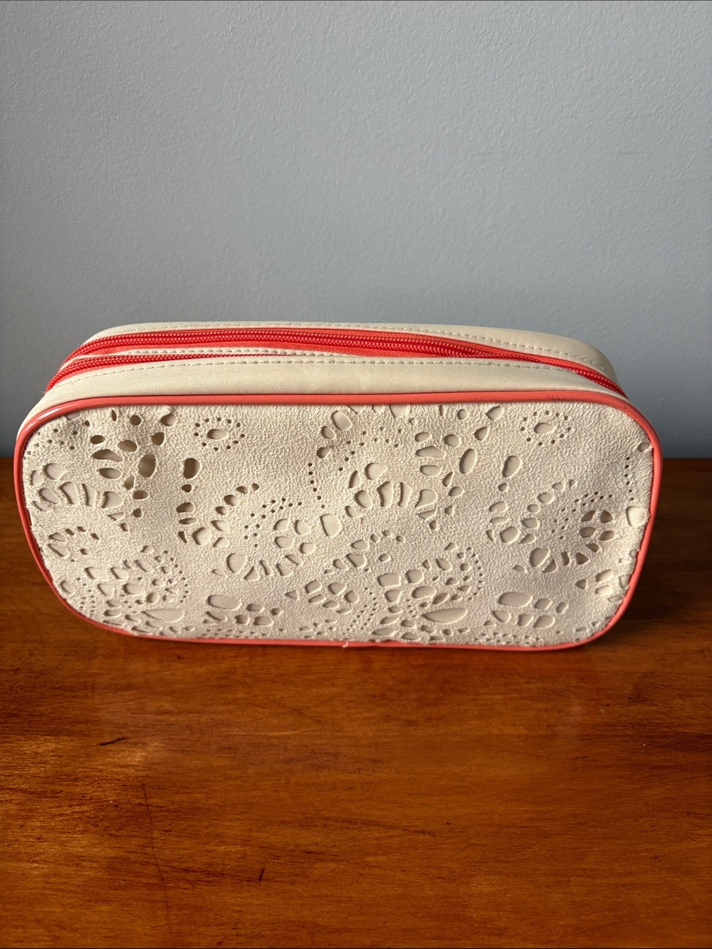 Nordstrom Cream Cosmetic Case with Coral Trim